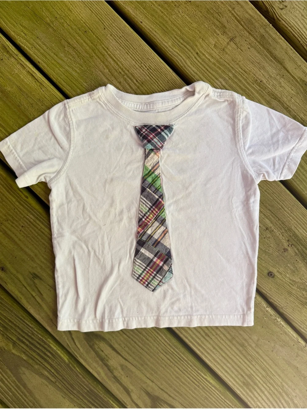 Baby Gap 2T Boys White Short Sleeve T-Shirt Plaid Faux Tie Applique